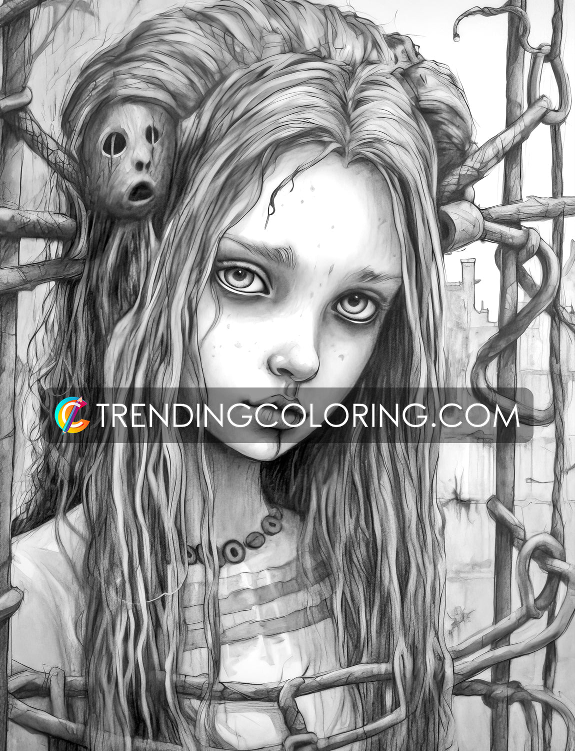 30 Adorable Creepy Girl Grayscale Coloring Pages - Instant Download - Printable PDF – preview 13