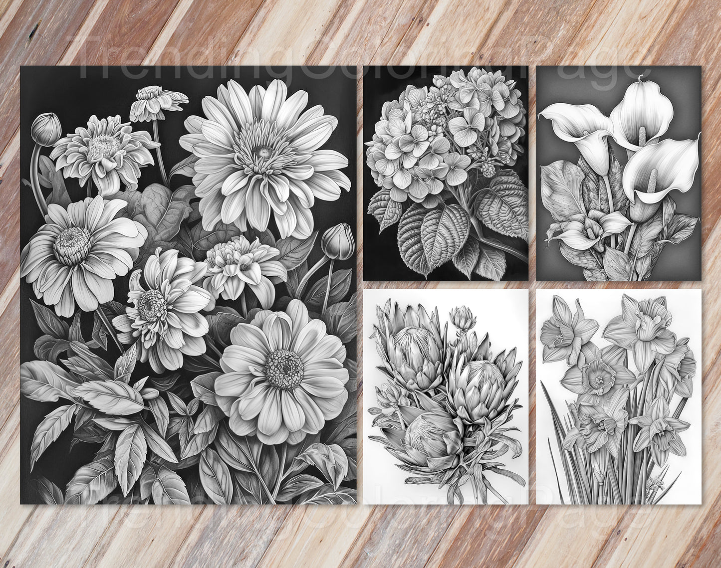 30 Enchanted Blooms Grayscale Coloring Pages - Instant Download - Printable PDF Dark/Light – preview 10