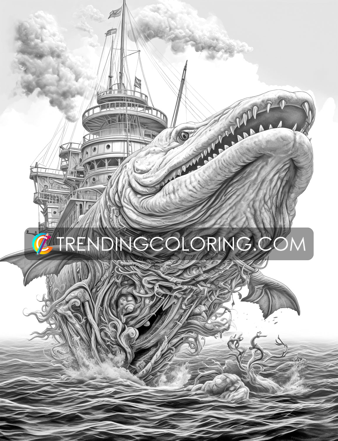 30 Fantasy Monster Ship Grayscale Coloring Pages - Instant Download - Printable PDF – preview 11