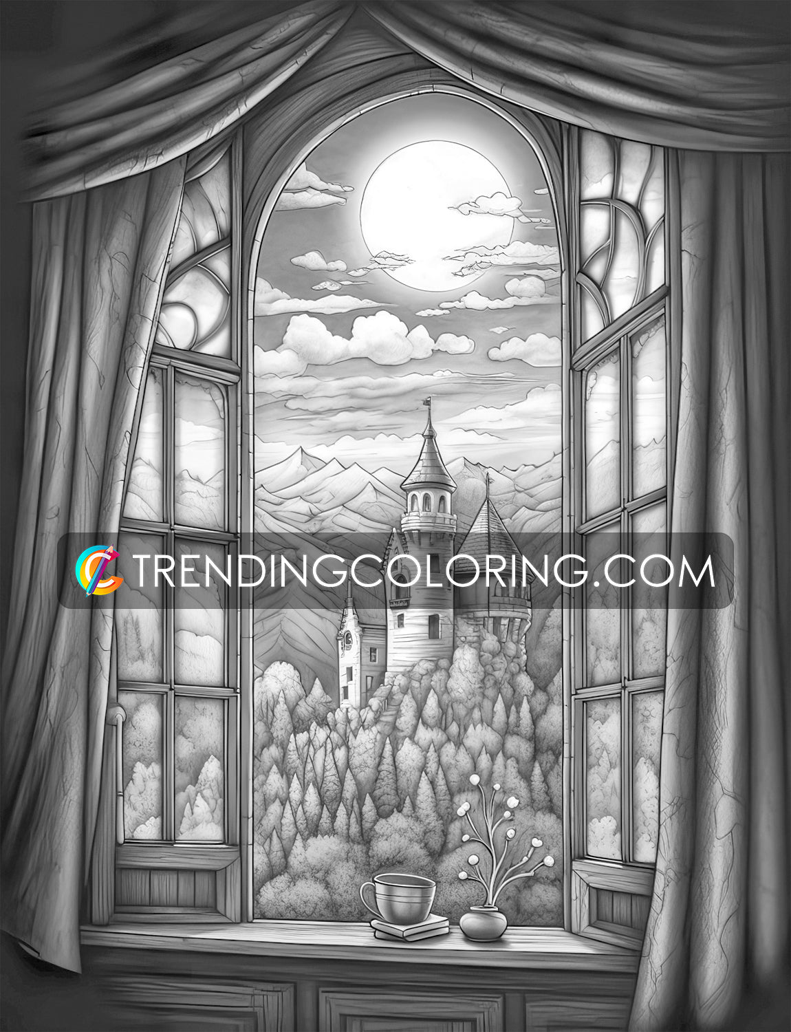 35 Window to Another World Grayscale Coloring Pages - Instant Download - Printable PDF Dark/Light