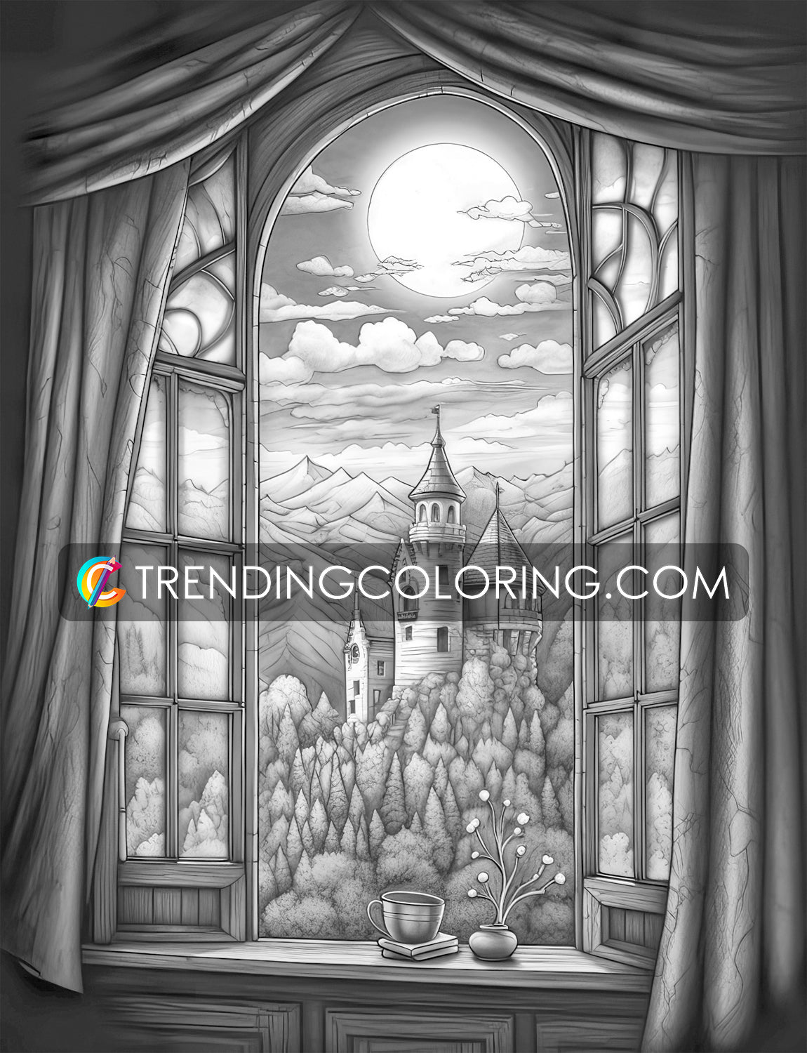 35 Window to Another World Grayscale Coloring Pages - Instant Download - Printable Dark/Light
