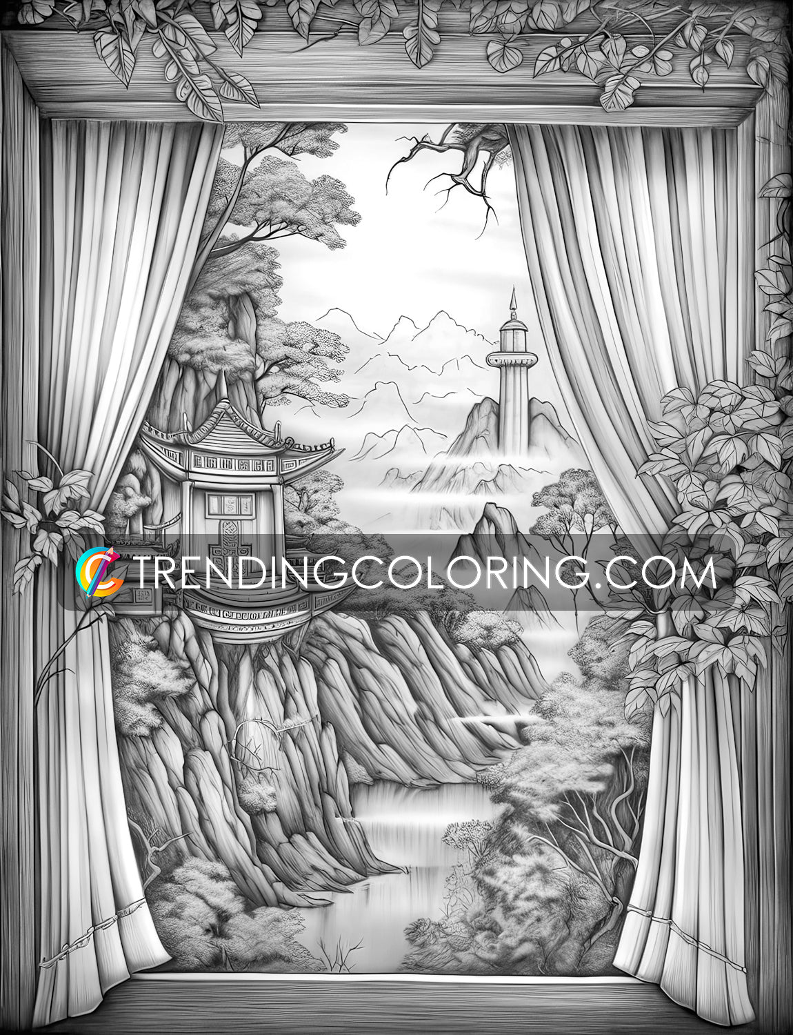 35 Window to Another World Grayscale Coloring Pages - Instant Download - Printable PDF Dark/Light