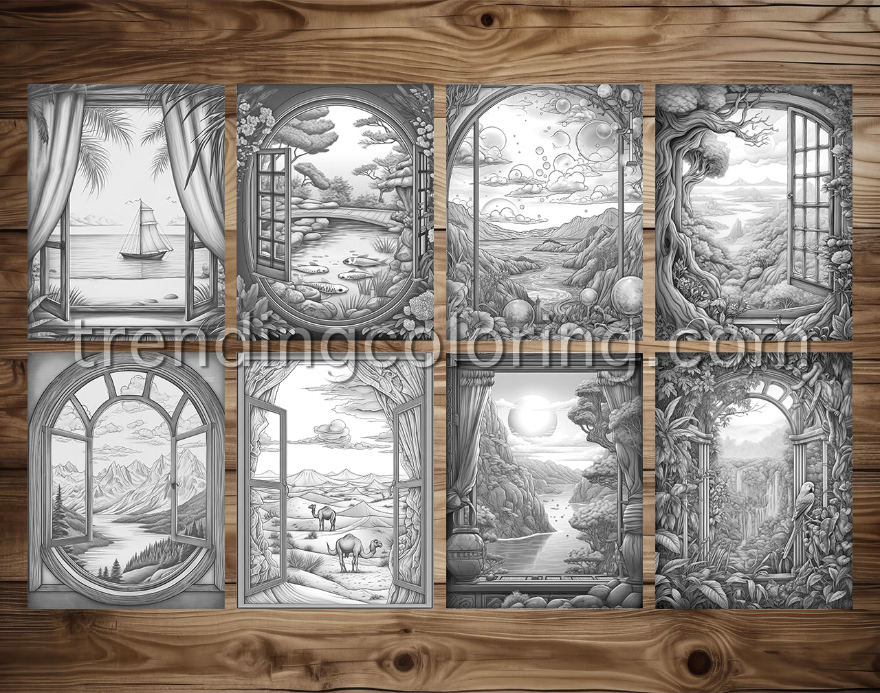 35 Window to Another World Grayscale Coloring Pages - Instant Download - Printable PDF Dark/Light