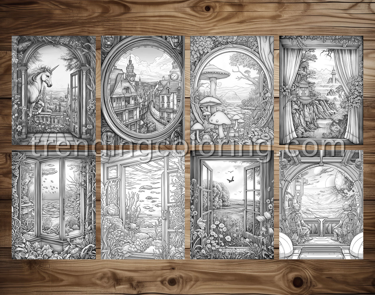35 Window to Another World Grayscale Coloring Pages - Instant Download - Printable PDF Dark/Light