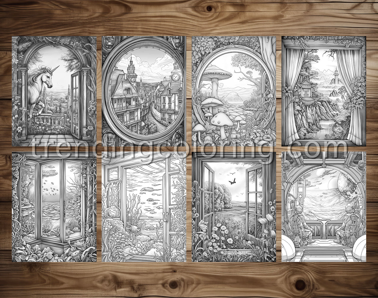 35 Window to Another World Grayscale Coloring Pages - Instant Download - Printable Dark/Light