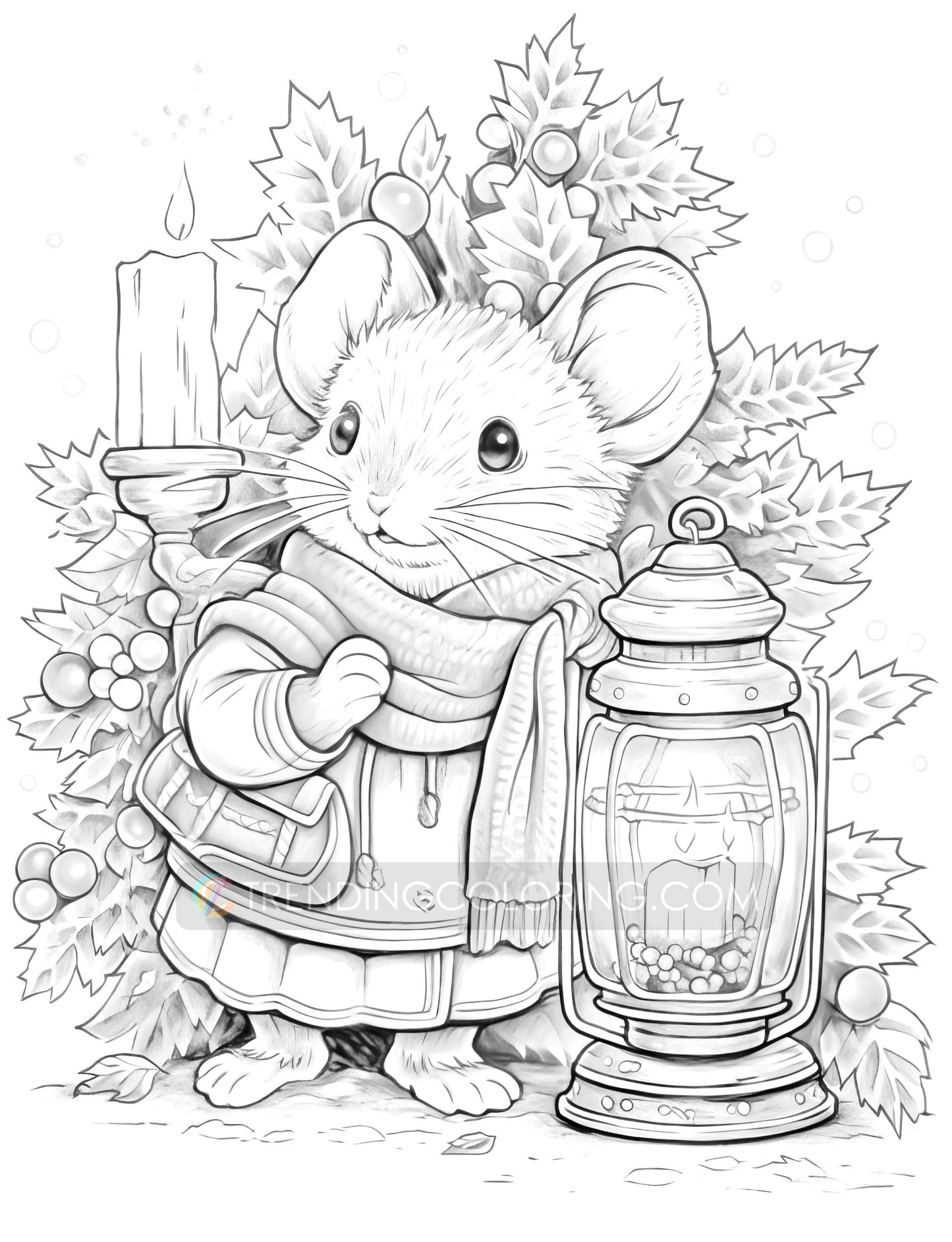 50 Christmas Little Mouse Grayscale Coloring Pages - Instant Download - Printable PDF Dark/Light