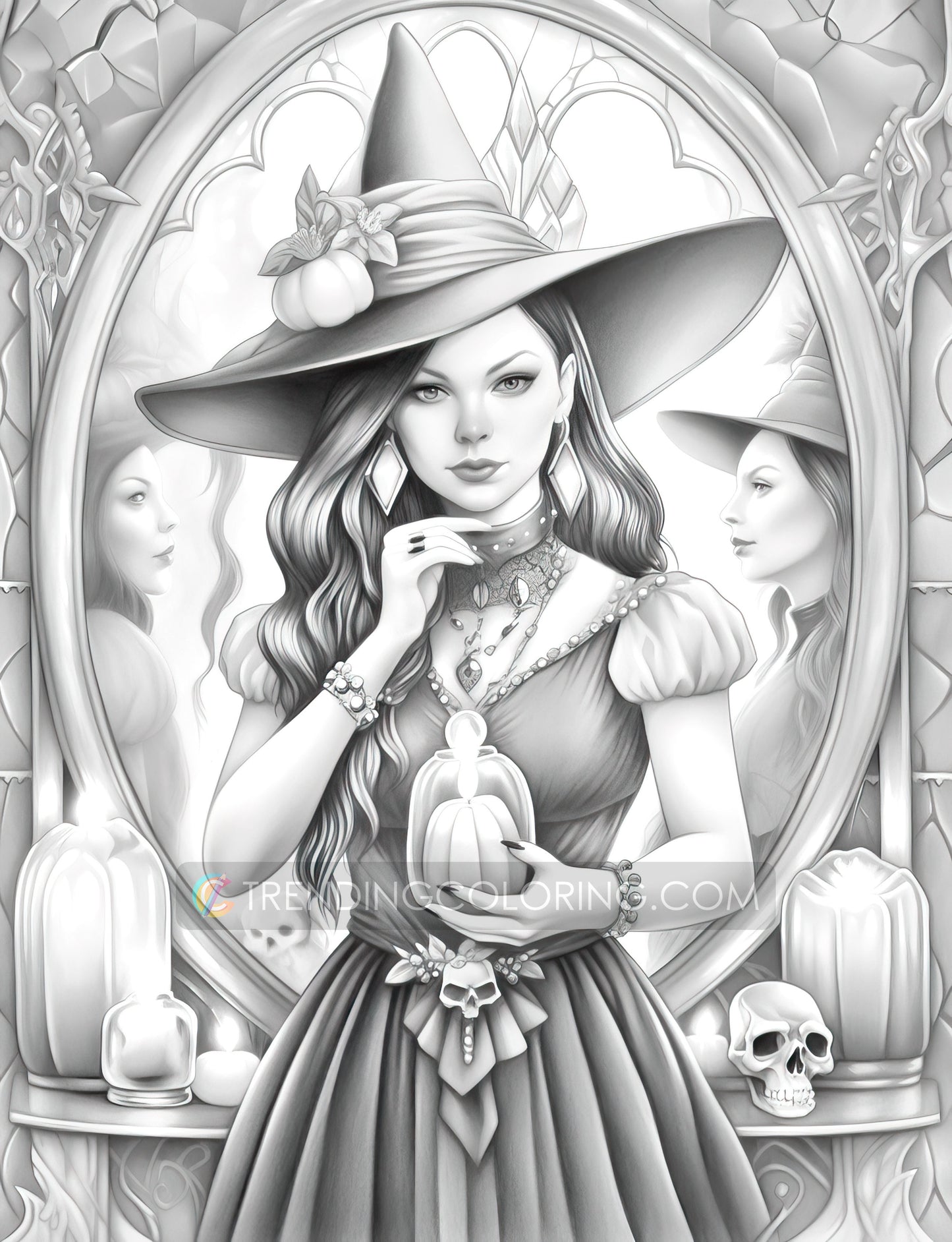 25 Halloween Witches Grayscale Coloring Pages - Halloween Coloring - Instant Download - Printable Dark/Light