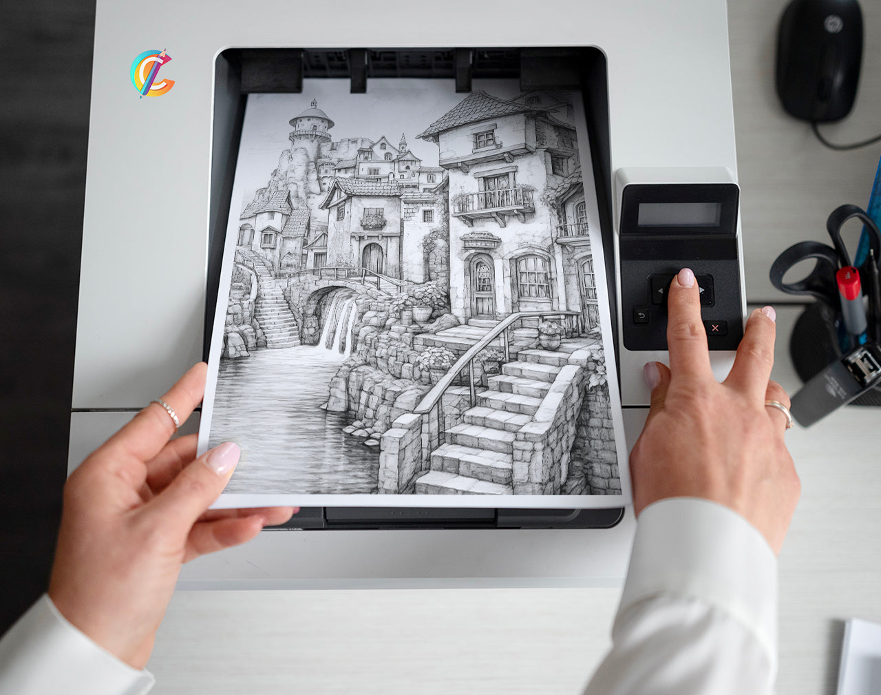 40 Medieval Town Grayscale Coloring Pages - Instant Download - Printable PDF