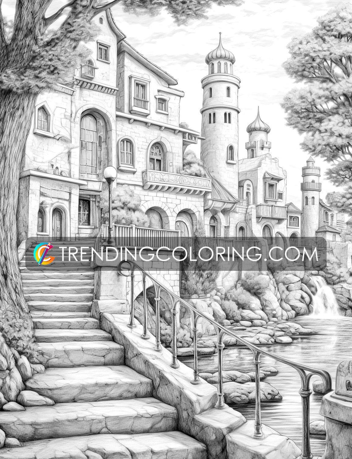 40 Medieval Town Grayscale Coloring Pages - Instant Download - Printable PDF