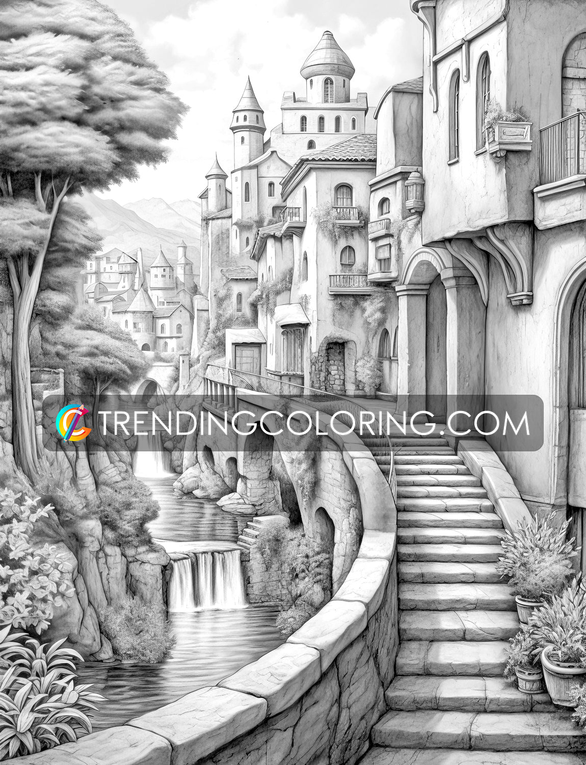 40 Medieval Town Grayscale Coloring Pages - Instant Download - Printable PDF