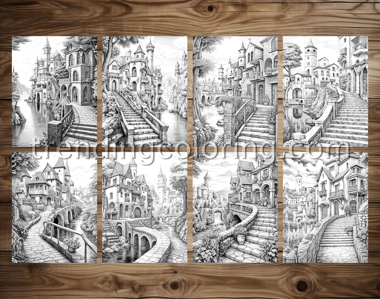 40 Medieval Town Grayscale Coloring Pages - Instant Download - Printable PDF