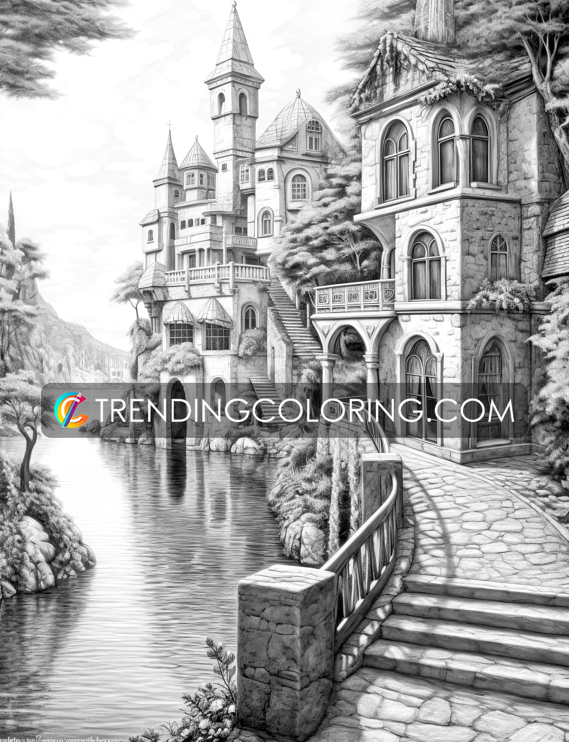 40 Medieval Town Grayscale Coloring Pages - Instant Download - Printable PDF