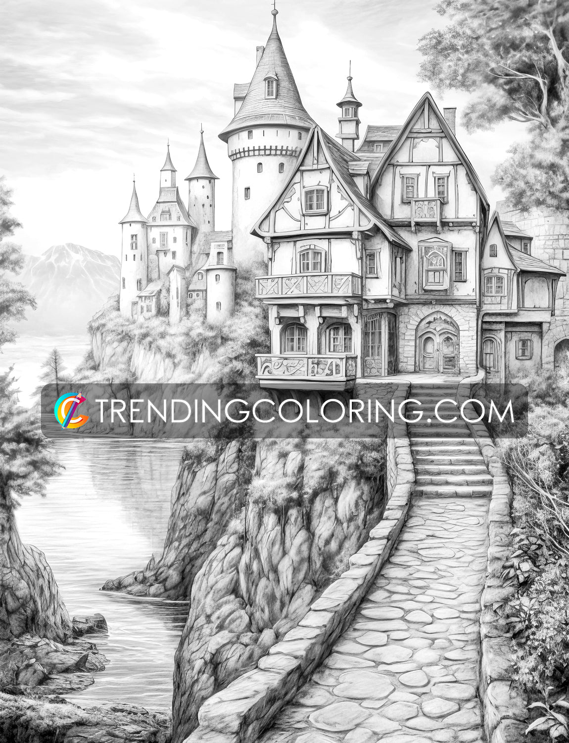 40 Medieval Town Grayscale Coloring Pages - Instant Download - Printable PDF