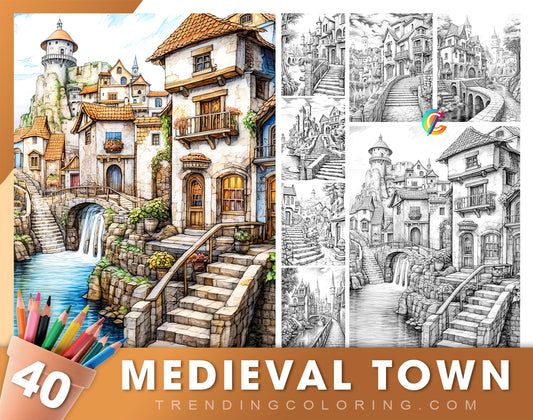 40 Medieval Town Grayscale Coloring Pages - Instant Download - Printable