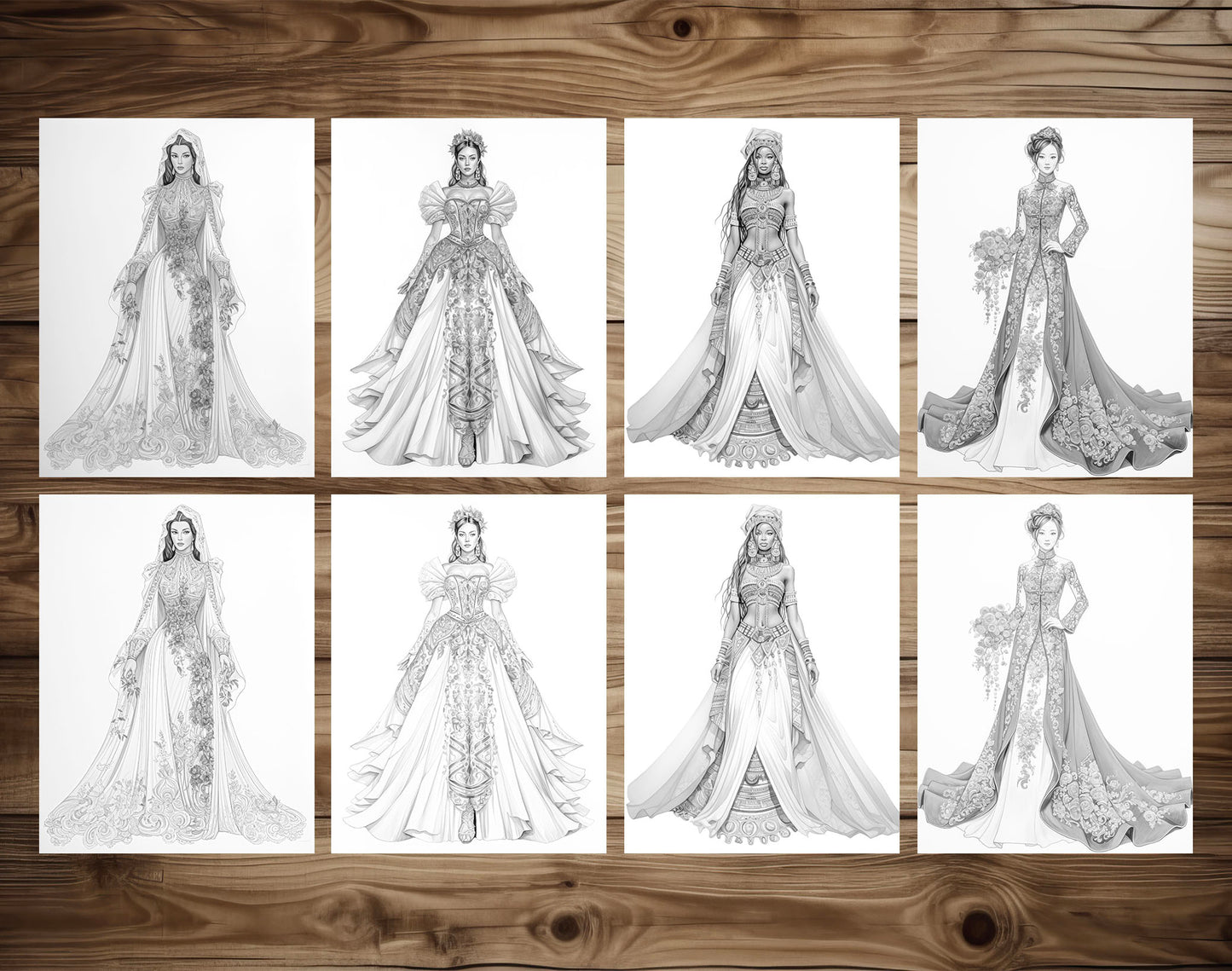 40 Traditional Wedding Dress Grayscale Coloring Pages- Instant Download - Printable PDF Dark/Light – preview 7