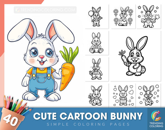 40 Cute Cartoon Bunny - Simple Coloring Pages - Instant Download - Printable