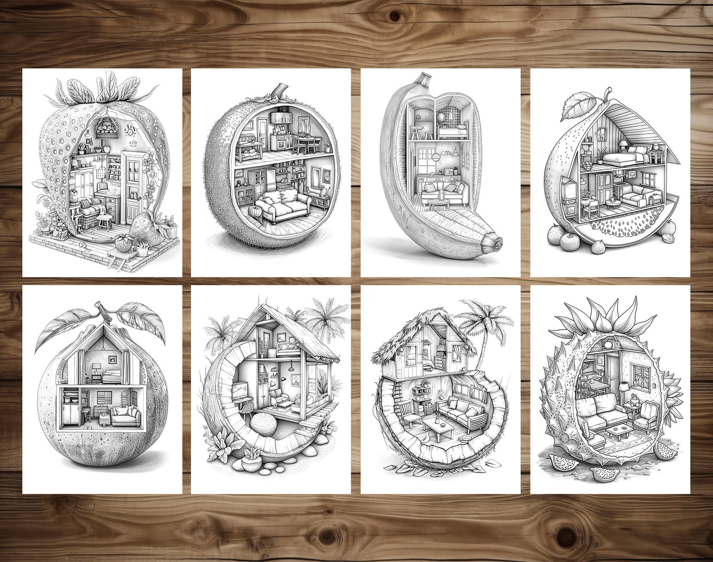42 Fruit House Interior Grayscale Coloring Pages - Instant Download - Printable PDF Dark/Light – preview 7