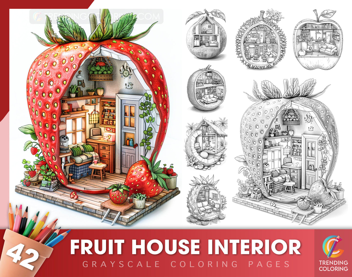 42 Fruit House Interior Grayscale Coloring Pages - Instant Download - Printable PDF Dark/Light
