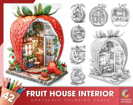 42 Fruit House Interior Grayscale Coloring Pages - Instant Download - Printable PDF Dark/Light