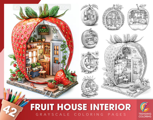 42 Fruit House Interior Grayscale Coloring Pages - Instant Download - Printable Dark/Light