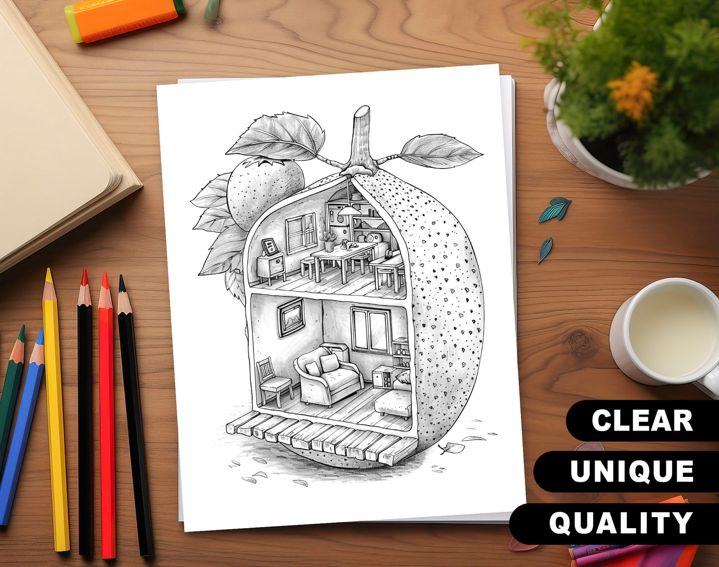 42 Fruit House Interior Grayscale Coloring Pages - Instant Download - Printable PDF Dark/Light