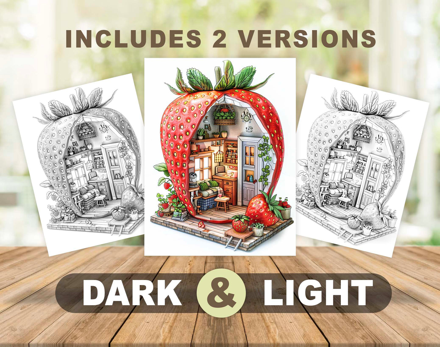42 Fruit House Interior Grayscale Coloring Pages - Instant Download - Printable PDF Dark/Light