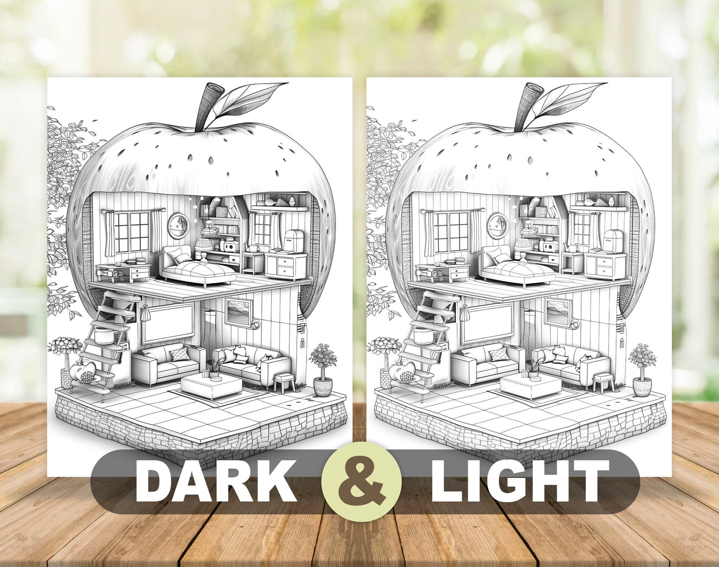 42 Fruit House Interior Grayscale Coloring Pages - Instant Download - Printable PDF Dark/Light
