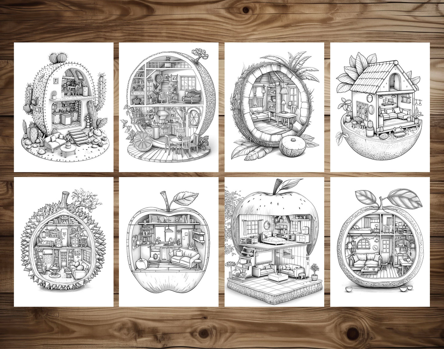 42 Fruit House Interior Grayscale Coloring Pages - Instant Download - Printable PDF Dark/Light