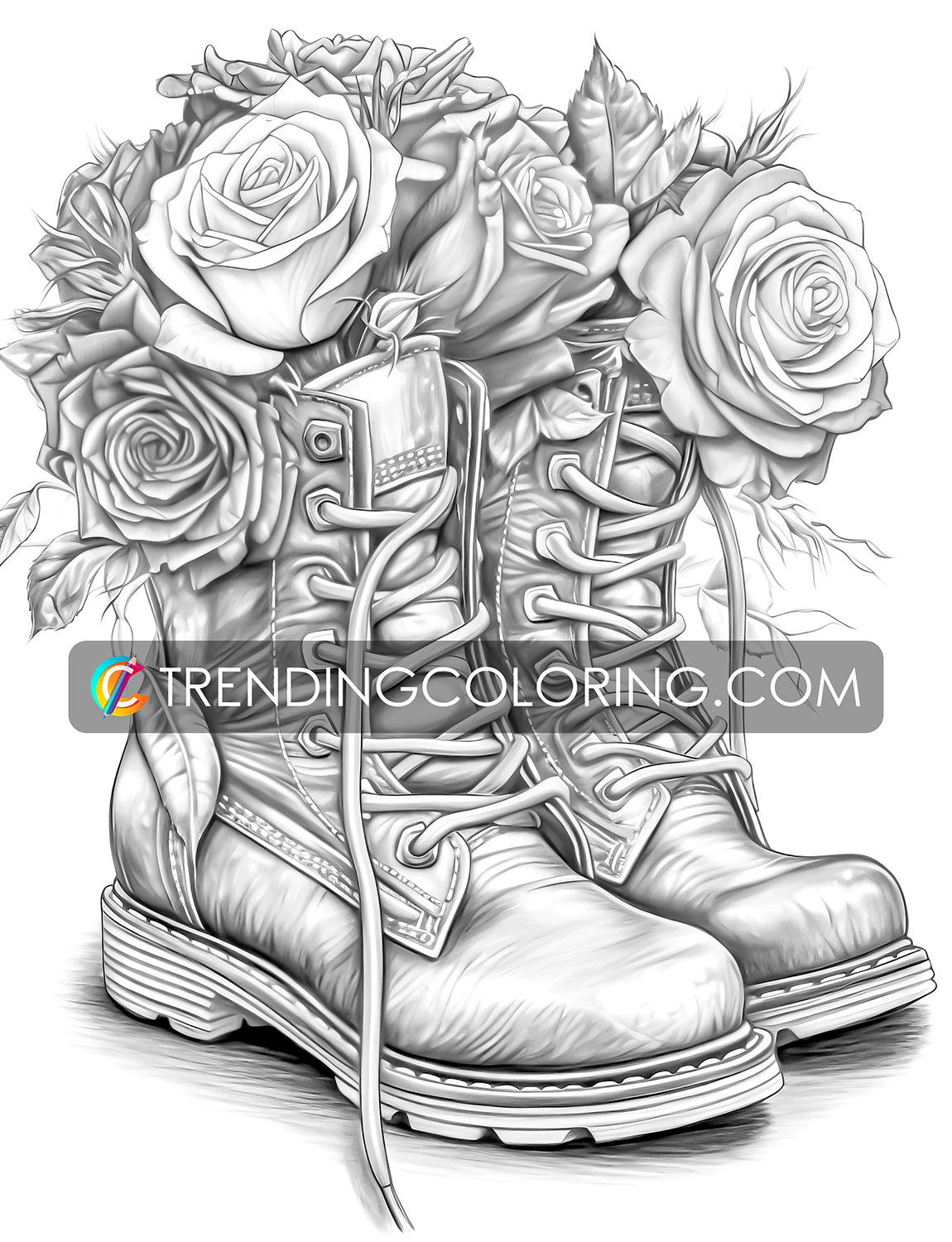 25 Blooming Boots Grayscale Coloring Pages - Instant Download - Printable PDF