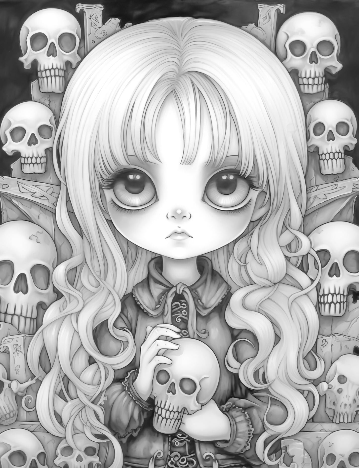 25 Kawaii Gothic Girl Grayscale Coloring Pages - Instant Download - Printable PDF Dark/Light