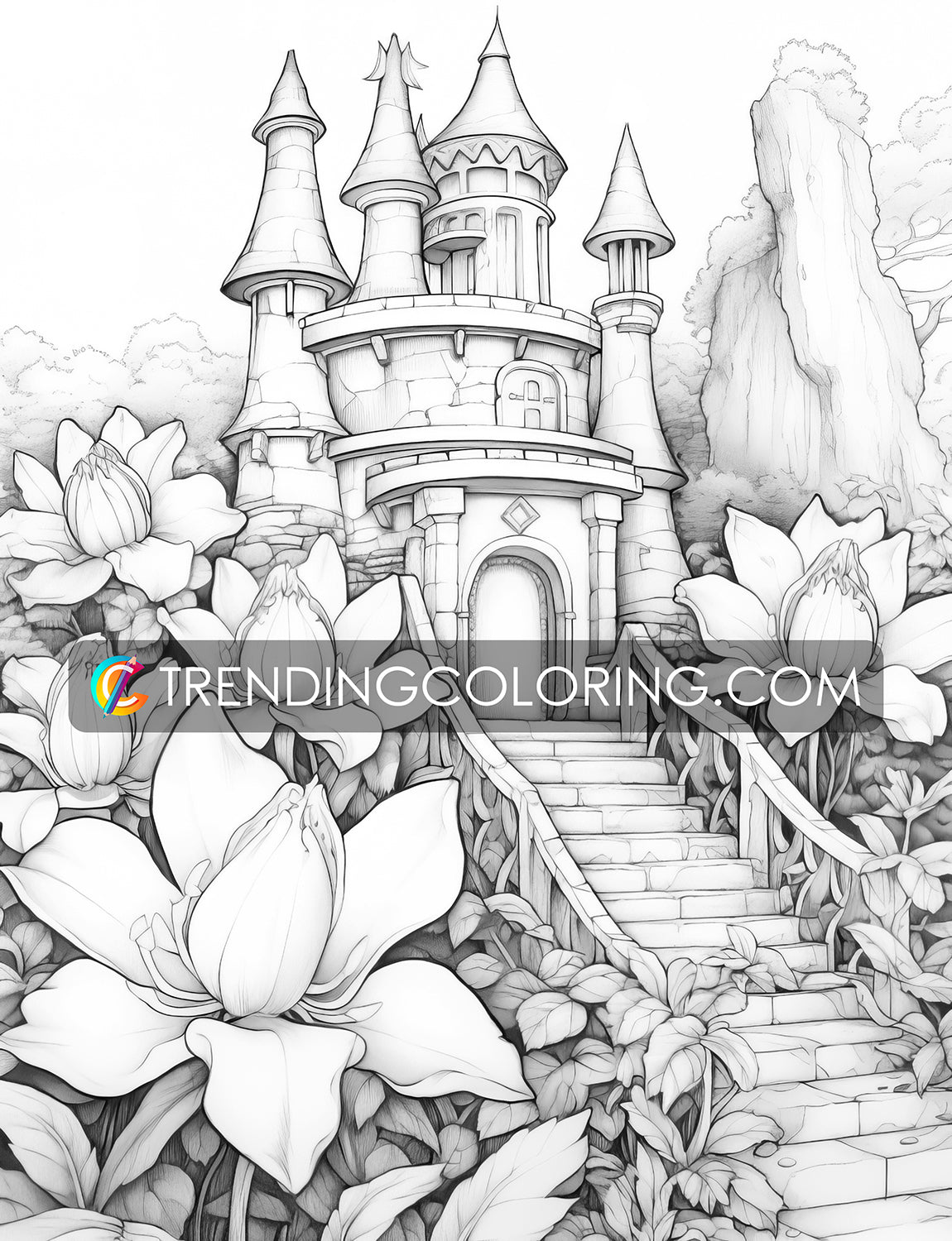 25 Blooming Castles Grayscale Coloring Pages - Instant Download - Printable PDF