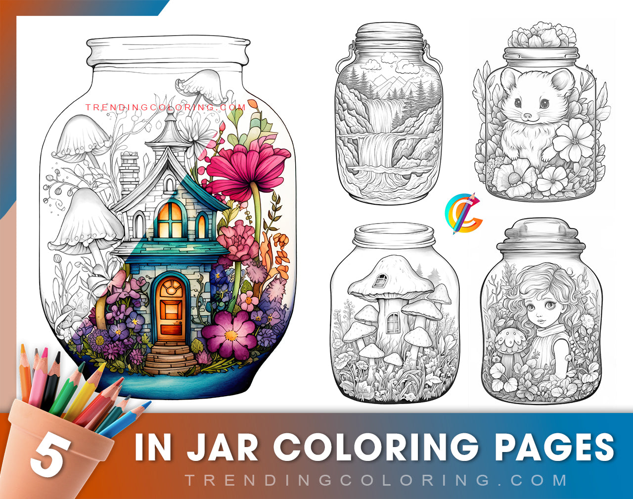 Free In Jar Coloring Pages - Fairy House, Animal, Girl, Waterfall, Mushroom - Printable PDF