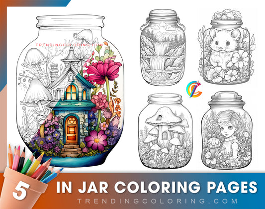 Free In Jar Coloring Pages - Fairy House, Animal, Girl, Waterfall, Mushroom - Printable PDF