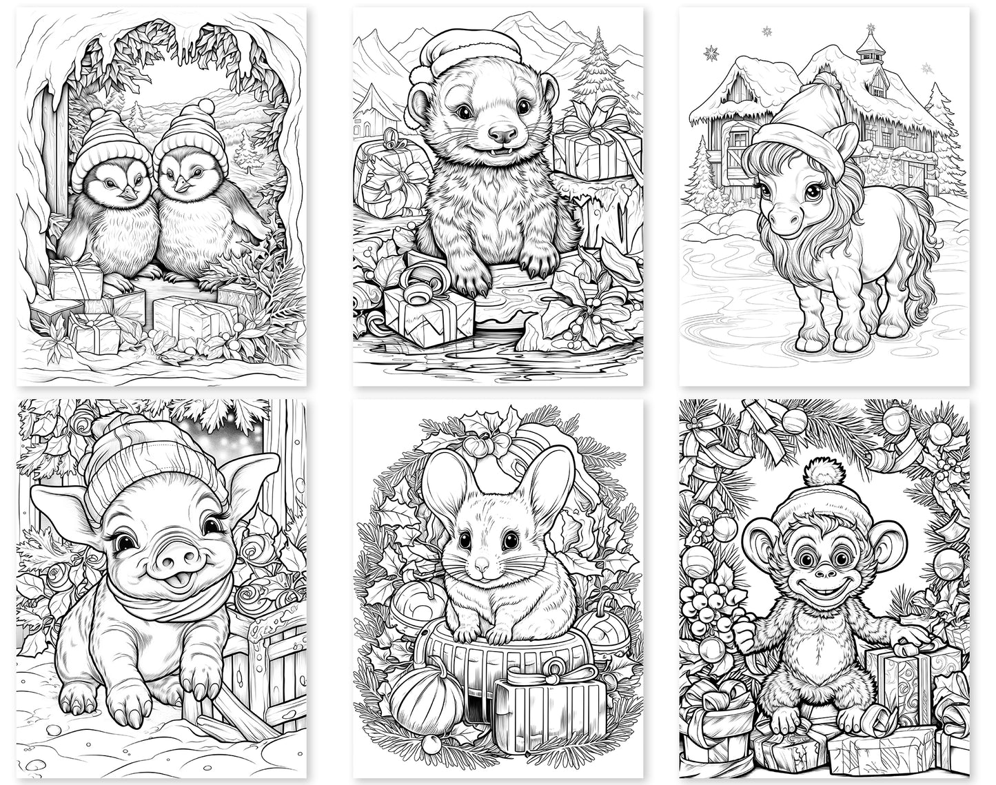 50 Christmas Critter 2 Coloring Pages - Instant Download - Printable