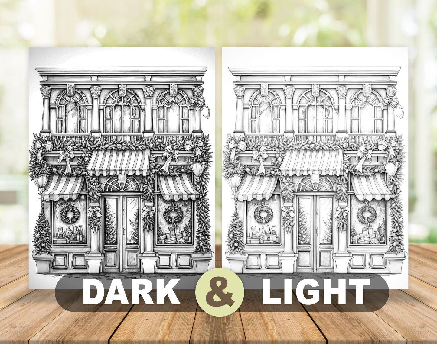 50 Christmas Storefront Grayscale Coloring Pages - Instant Download - Printable PDF Dark/Light