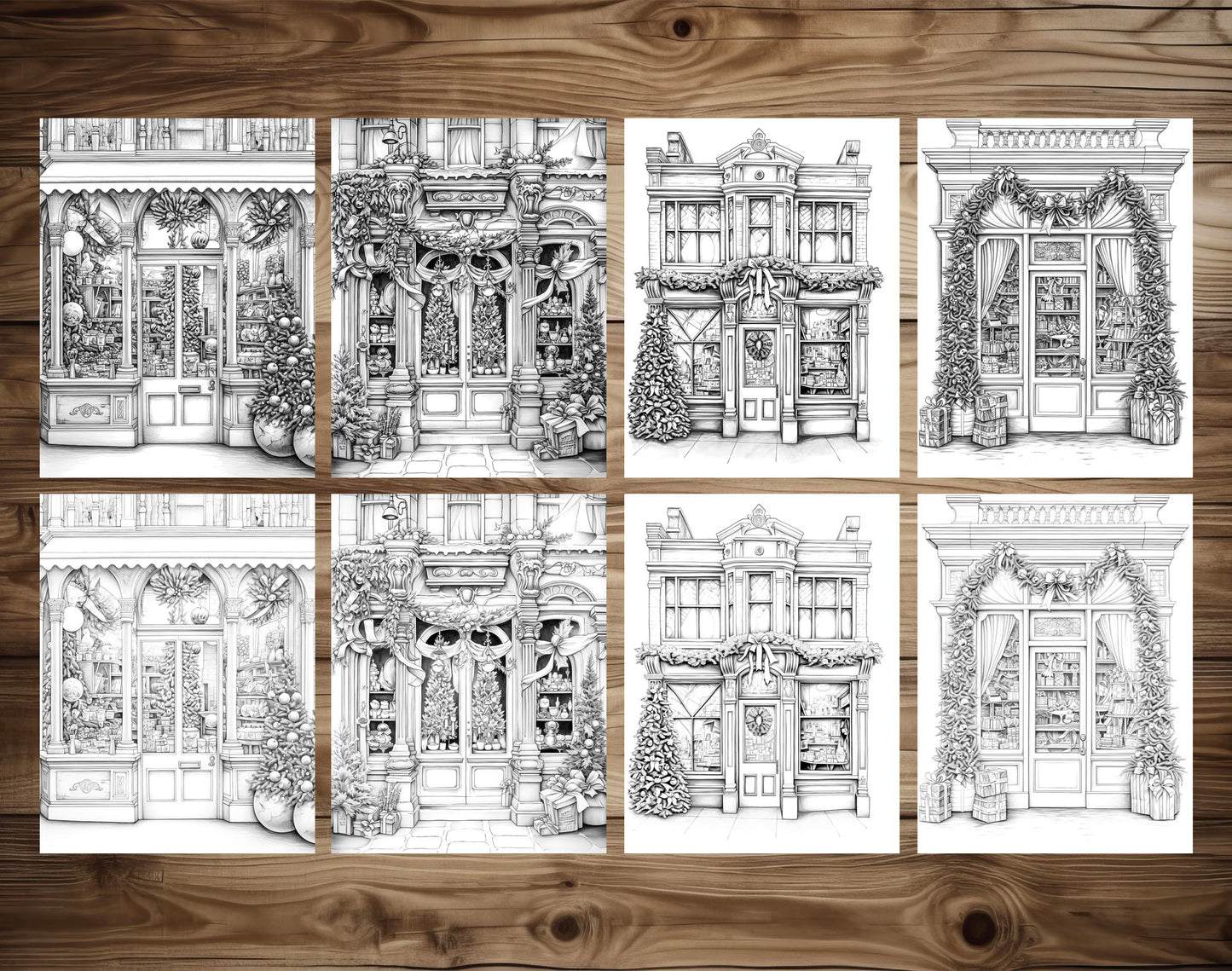 50 Christmas Storefront Grayscale Coloring Pages - Instant Download - Printable PDF Dark/Light