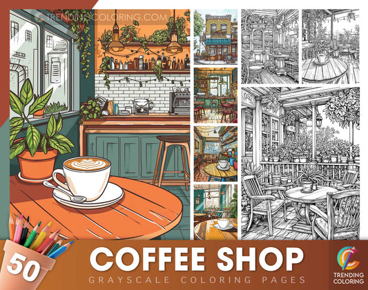 50 Coffee Shop Grayscale Coloring Pages - Instant Download - Printable Dark/Light