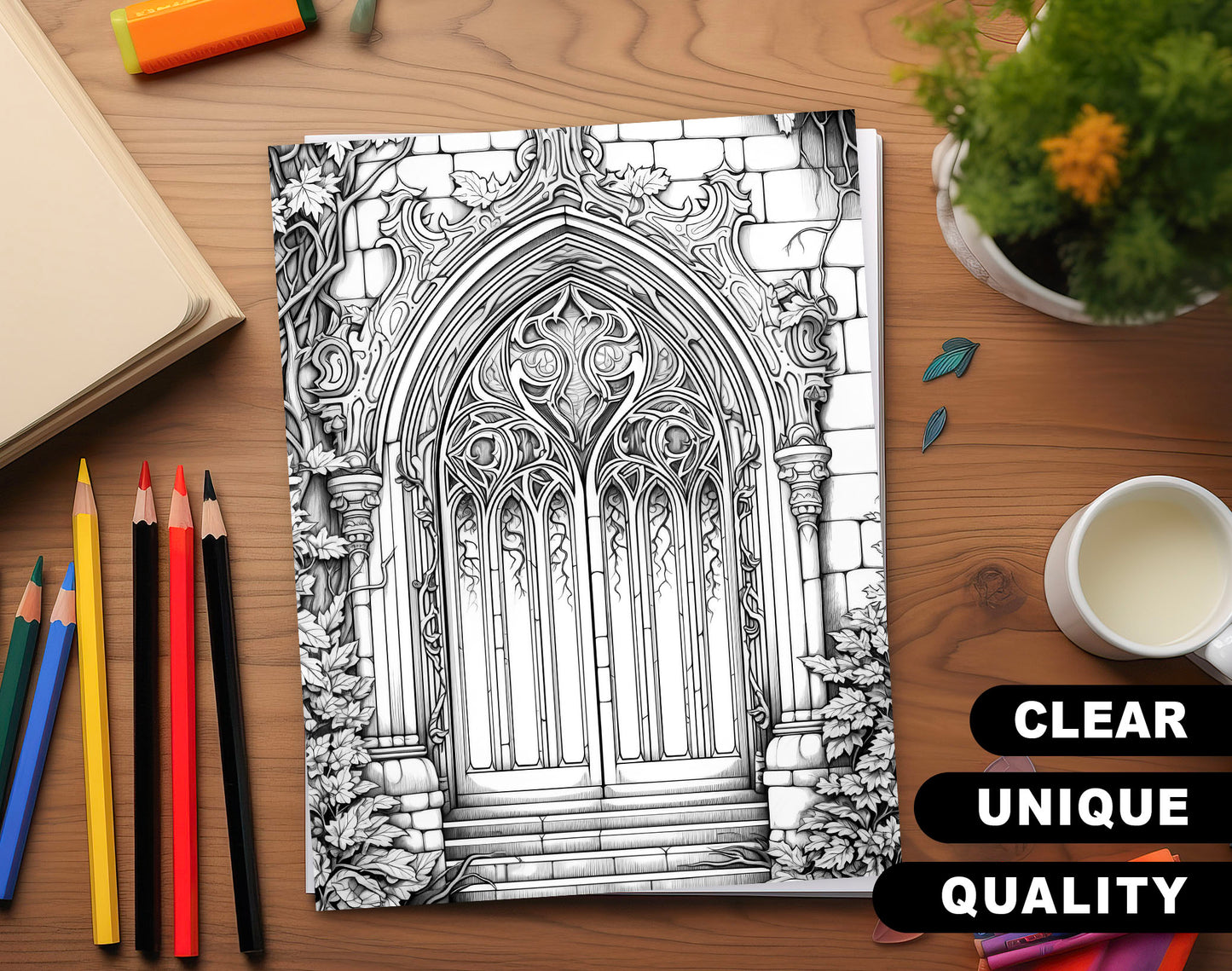 50 Gothic Doors Coloring Pages - Instant Download - Printable PDF