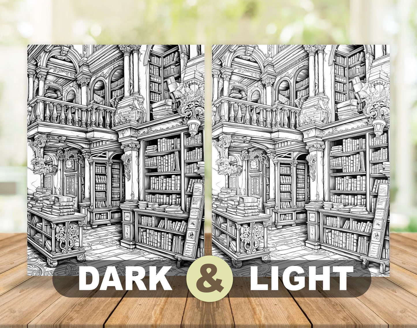 50 Enchanted Library Grayscale Coloring Pages - Instant Download - Printable PDF Dark/Light