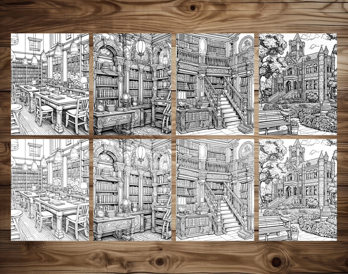 50 Enchanted Library Grayscale Coloring Pages - Instant Download - Printable PDF Dark/Light