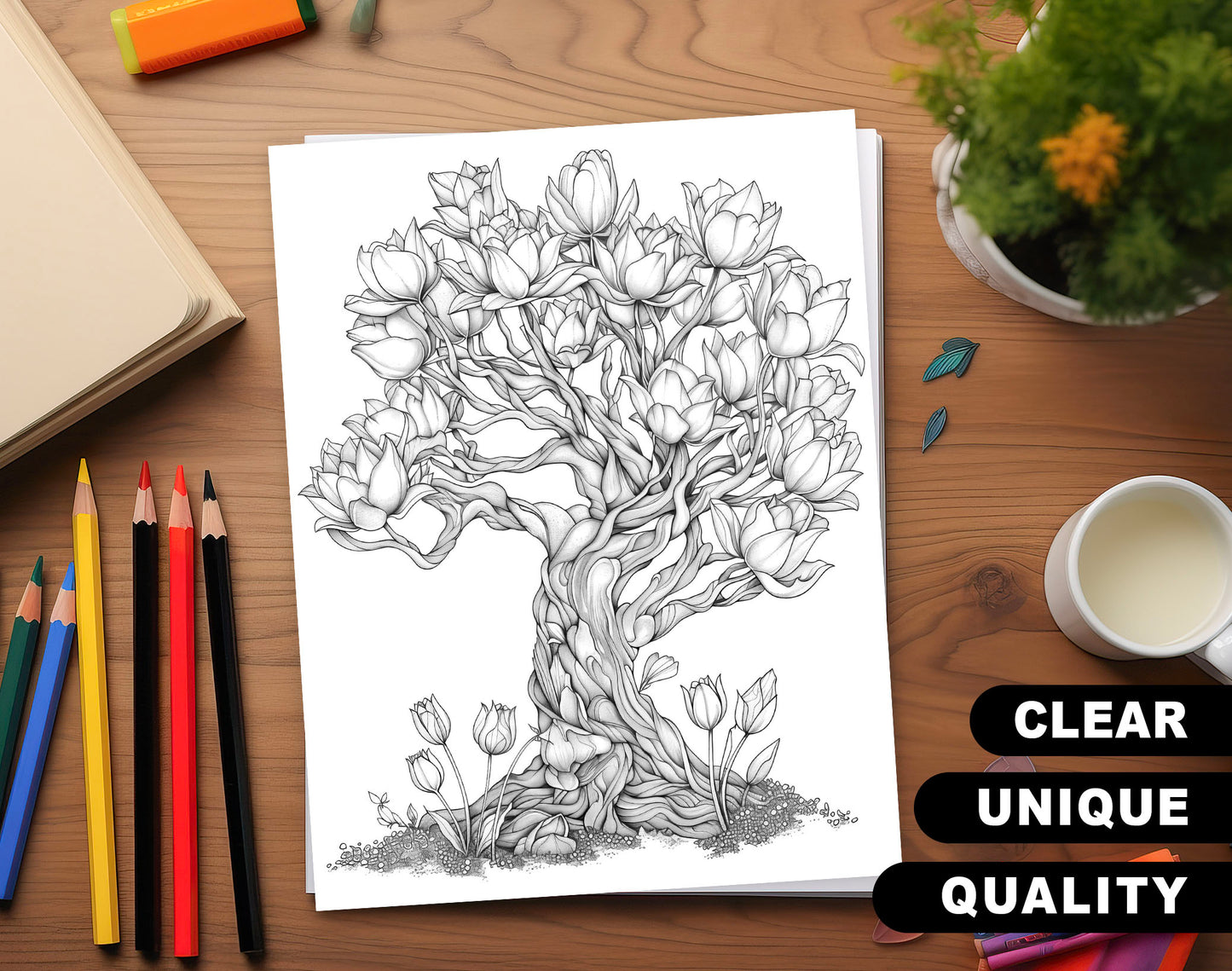 50 Floral Tree Coloring Pages - Instant Download - Printable PDF