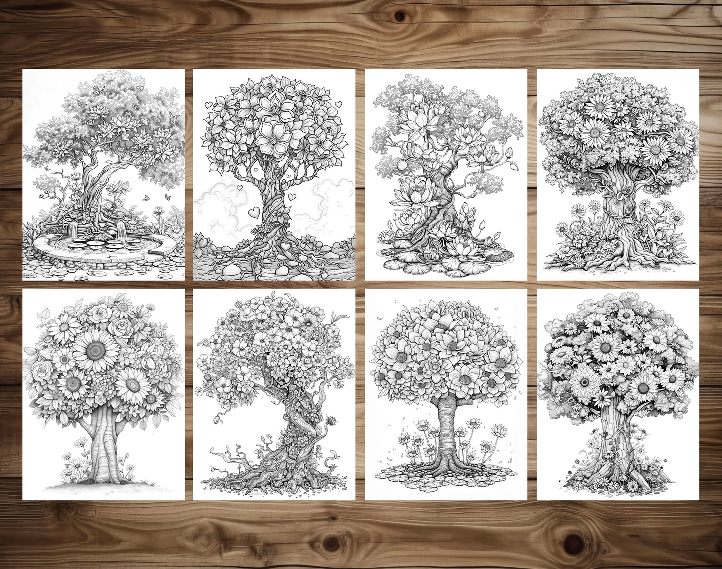 50 Floral Tree Coloring Pages - Instant Download - Printable PDF