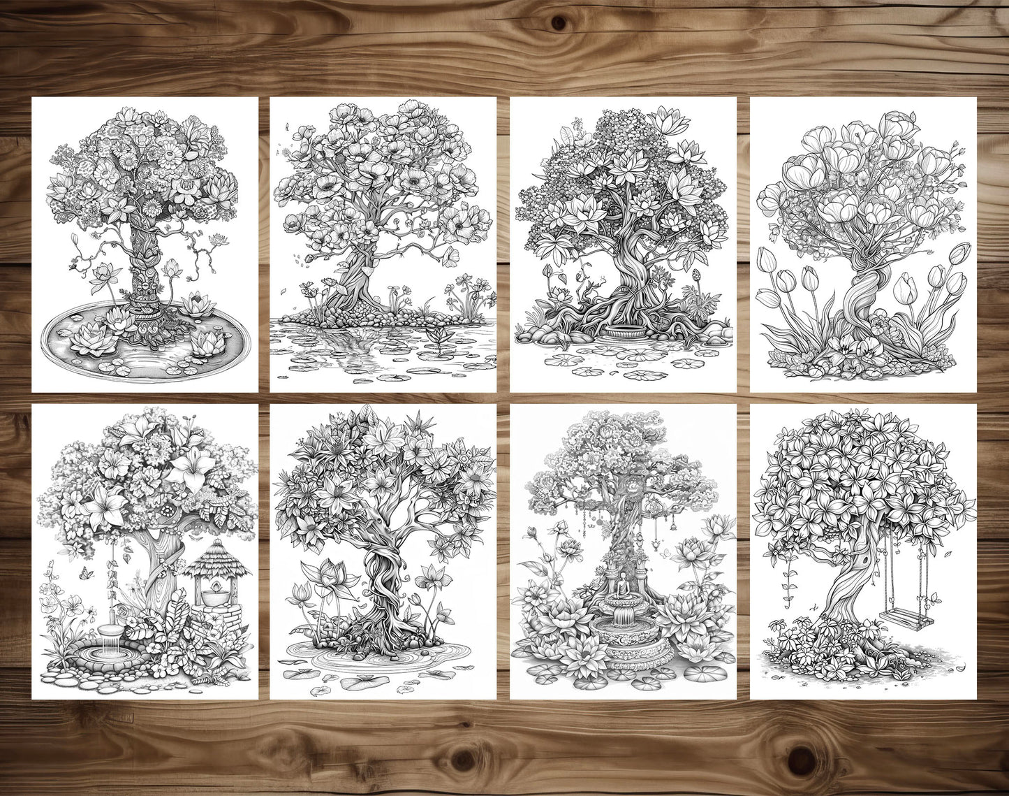 50 Floral Tree Coloring Pages - Instant Download - Printable PDF