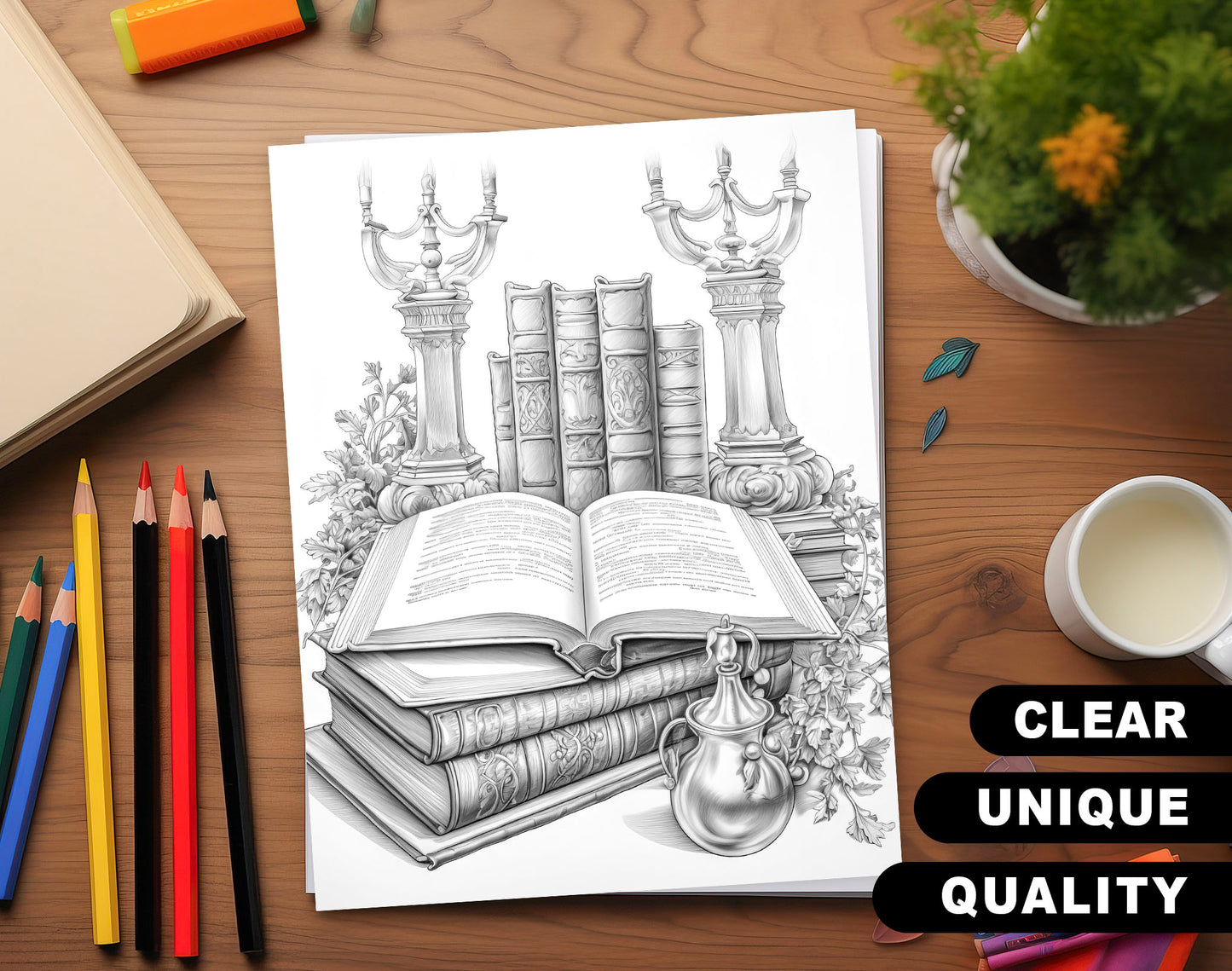 50 For Book Lover Grayscale Coloring Pages - Instant Download - Printable PDF Dark/Light