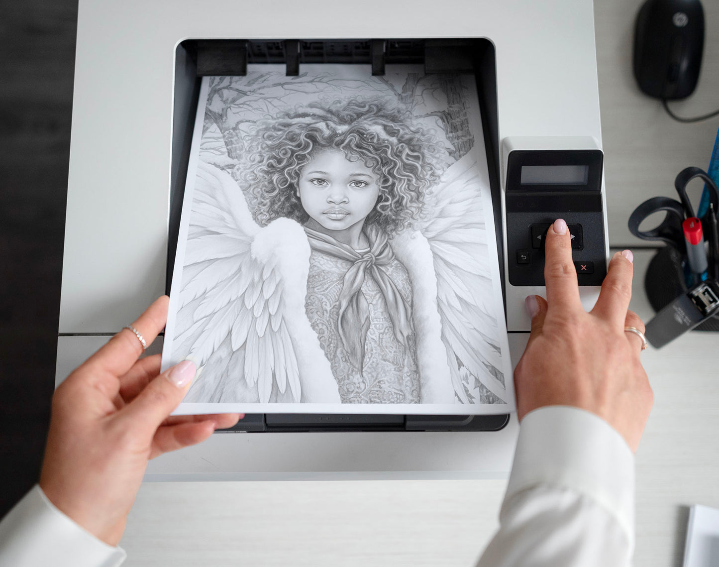 50 African Angels In Winterland Grayscale Coloring Pages - Instant Download - Printable PDF Dark/Light