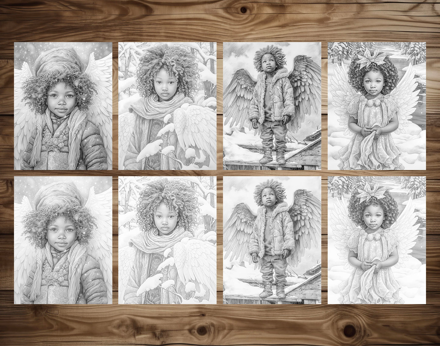 50 African Angels In Winterland Grayscale Coloring Pages - Instant Download - Printable PDF Dark/Light