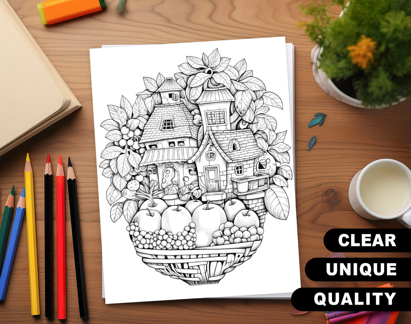 50 Fantasy Fruit House Coloring Pages - Instant Download - Printable PDF
