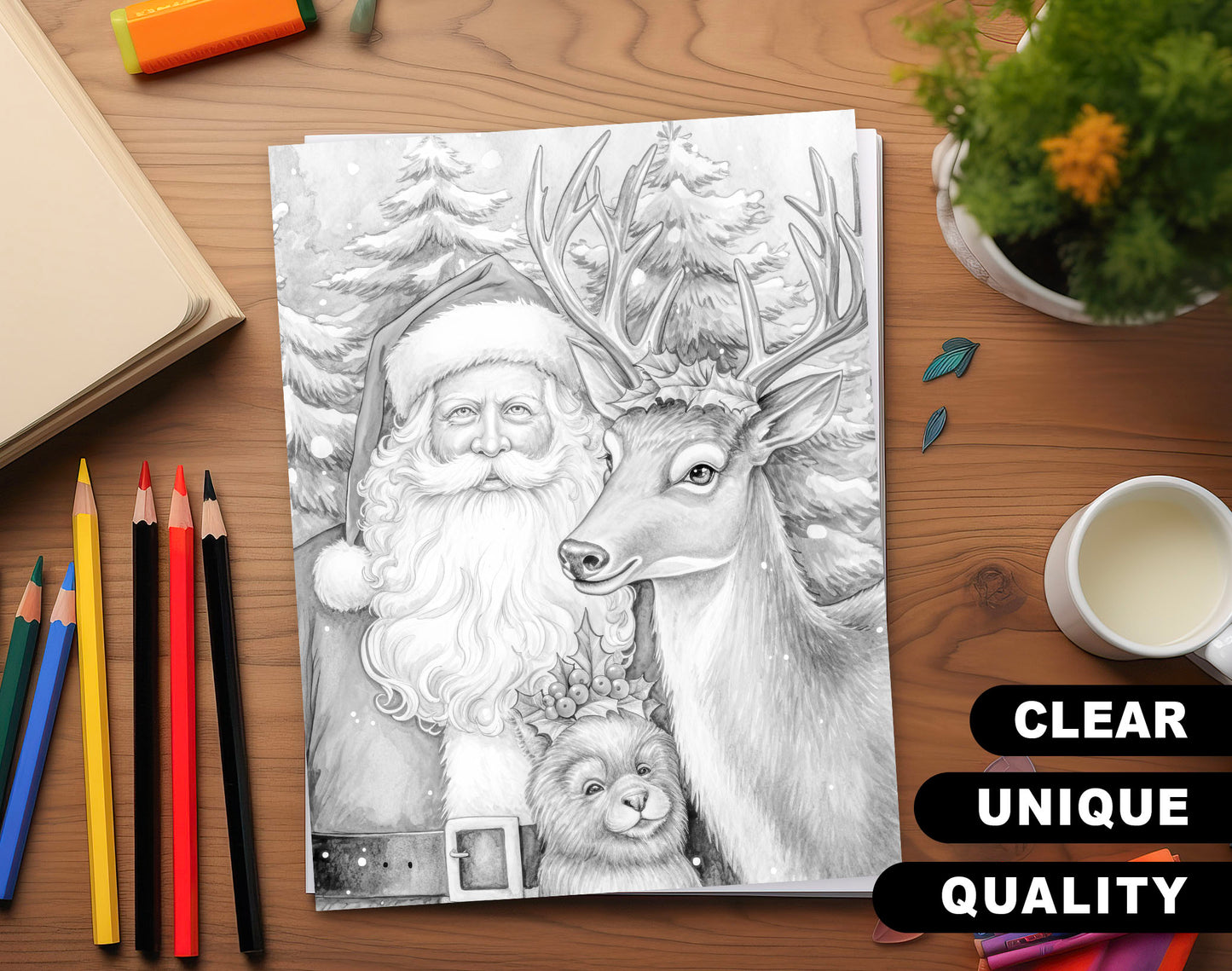 50 Santa Claus's Life Grayscale Coloring Pages - Instant Download - Printable PDF Dark/Light