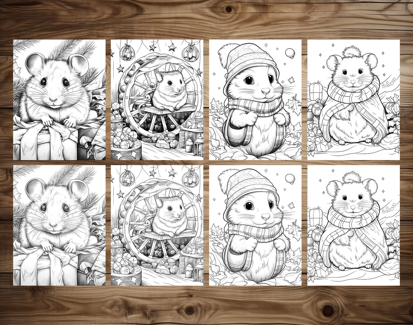 50 Hamster's Winter Grayscale Coloring Pages - Instant Download - Printable PDF Dark/Light