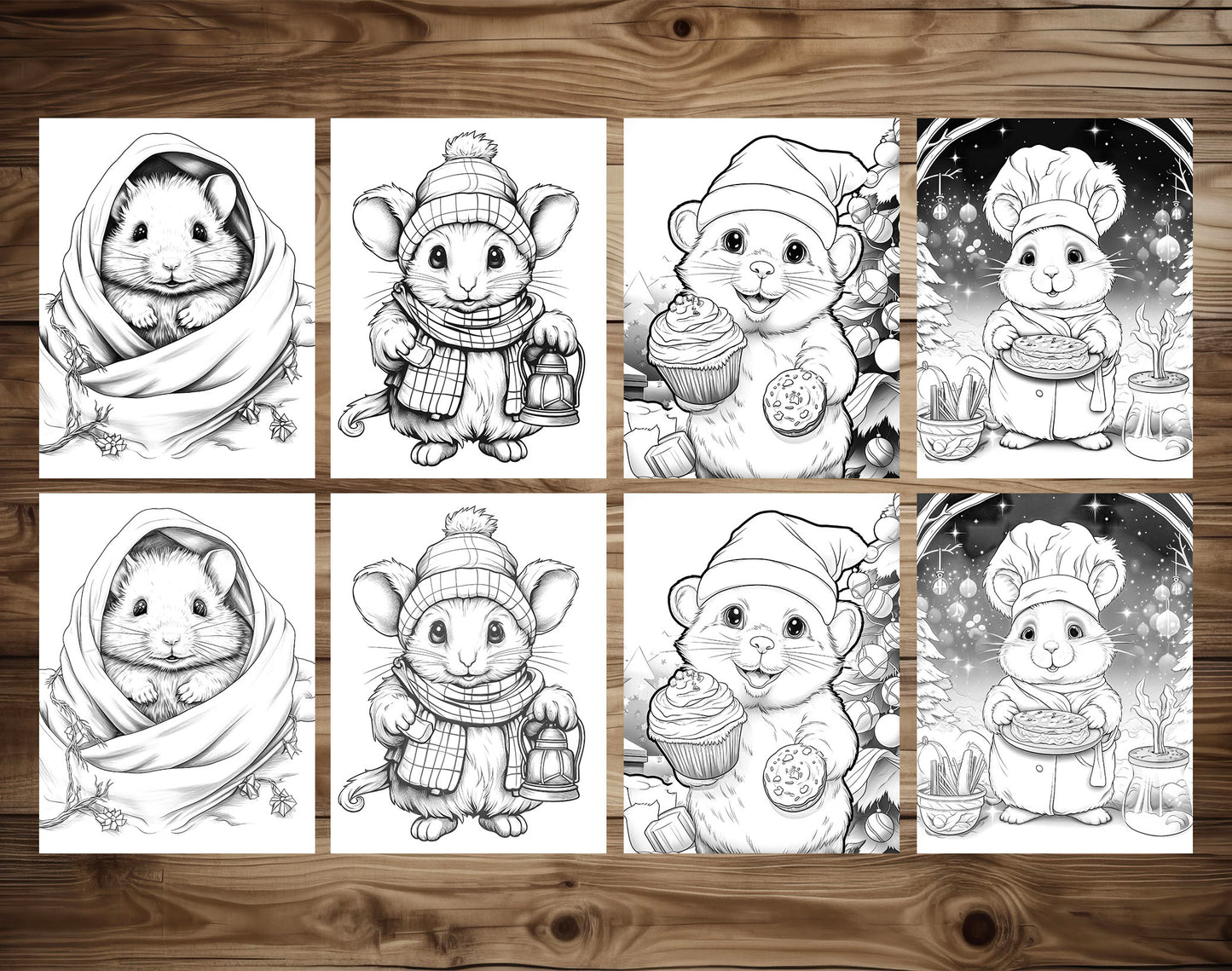 50 Hamster's Winter Grayscale Coloring Pages - Instant Download - Printable PDF Dark/Light